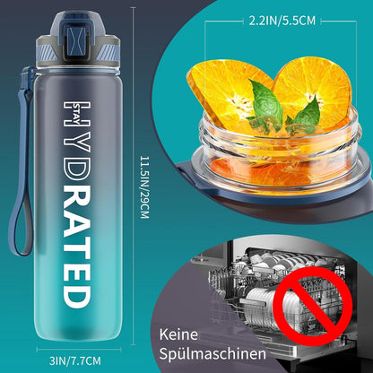 Trinkflasche 1L BPA-frei Tritan mit Strohhalm Sport Zeitmarkierung