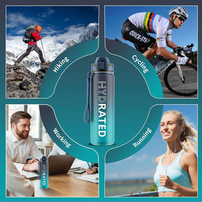 QLUR 1L Trinkflasche mit Zeitmarkierung Strohhalm BPA-frei Sportflasche Blau