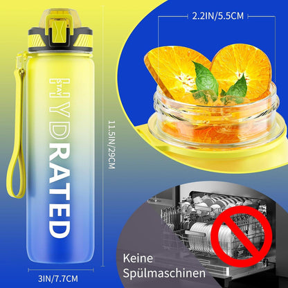 Trinkflasche 1L BPA-frei mit Strohhalm, Zeitmarkierung, Bürste für