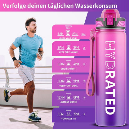 Sportliche Trinkflasche 1L mit Strohhalm, Zeitmarkierung und