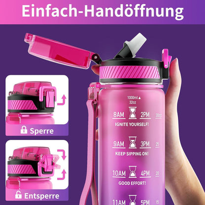 Trinkflasche 1L BPA-frei Tritan mit Strohhalm & Zeitmarkierung
