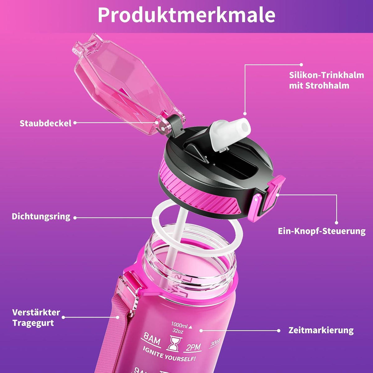 QLUR Trinkflasche 1L BPA-frei mit Strohhalm Zeitmarkierung Lila Rose