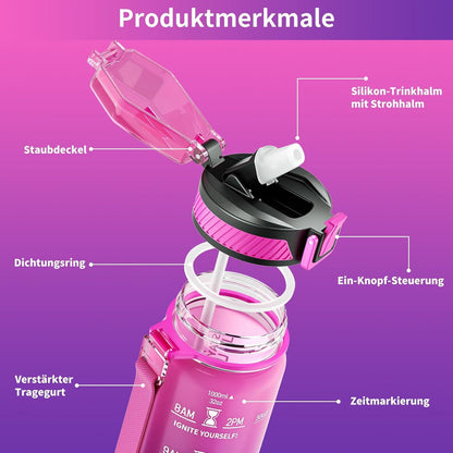 QLUR Trinkflasche 1L BPA-frei mit Strohhalm Zeitmarkierung Lila Rose