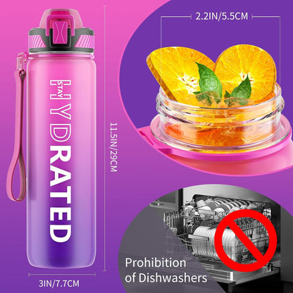 QLUR Trinkflasche 1L BPA-frei Sport Strohhalm Zeitmarkierung Lila