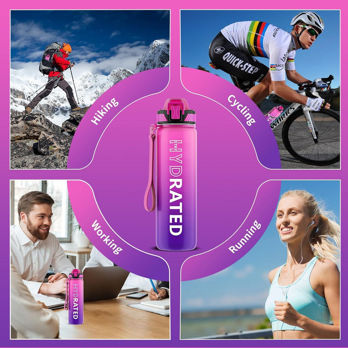 Trinkflasche 1L BPA-frei Tritan Sport Strohhalm Zeitmarkierung Lila