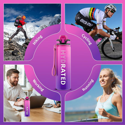 Trinkflasche 1L BPA-frei Tritan Sport Strohhalm Zeitmarkierung Lila