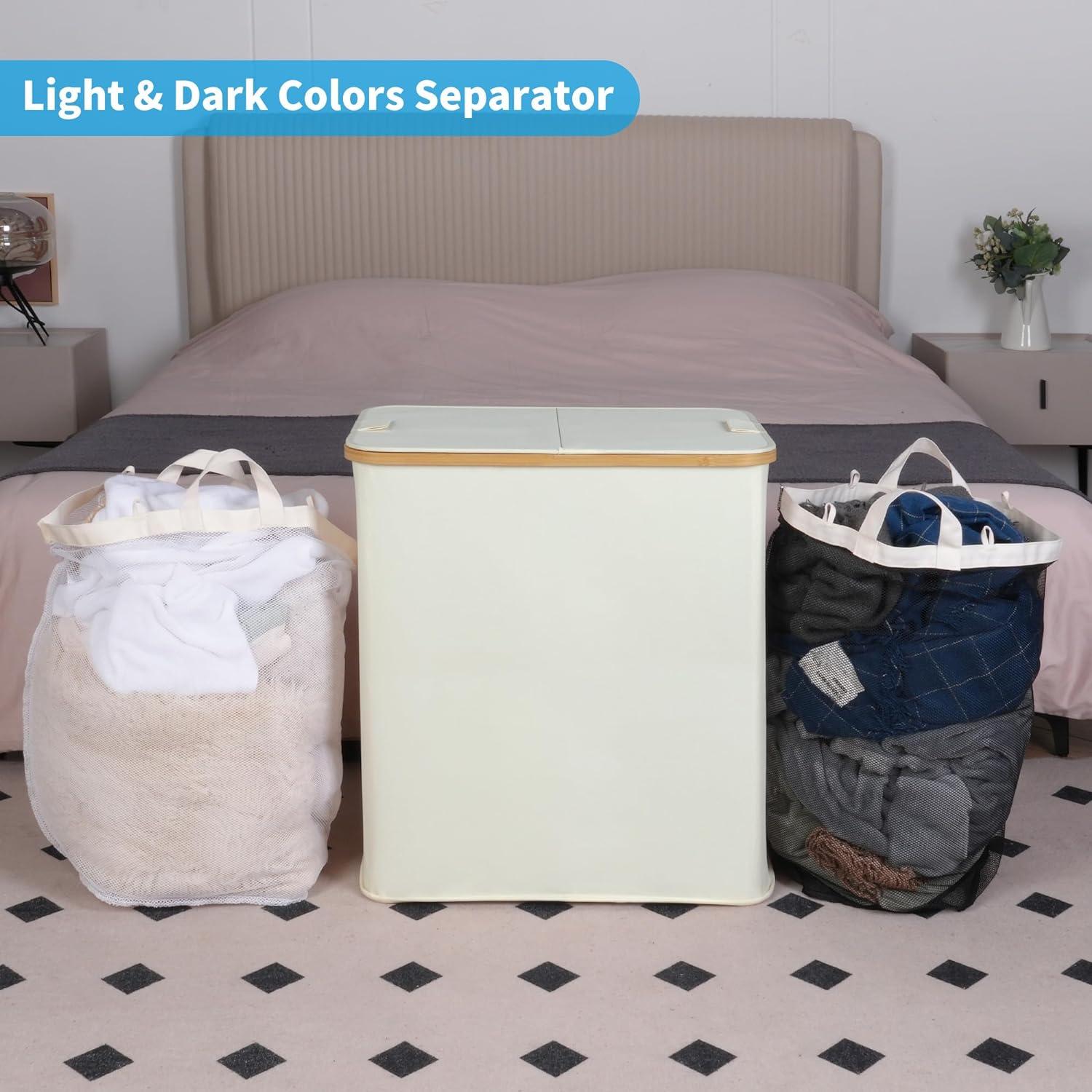 Wäschekorb mit Deckel und 2 Fächern 140 l Hellgrau Beige