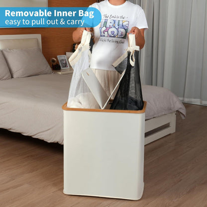Wäschekorb mit Deckel 140 l 2 Fächer Bambus Leinen Hellgrau Beige