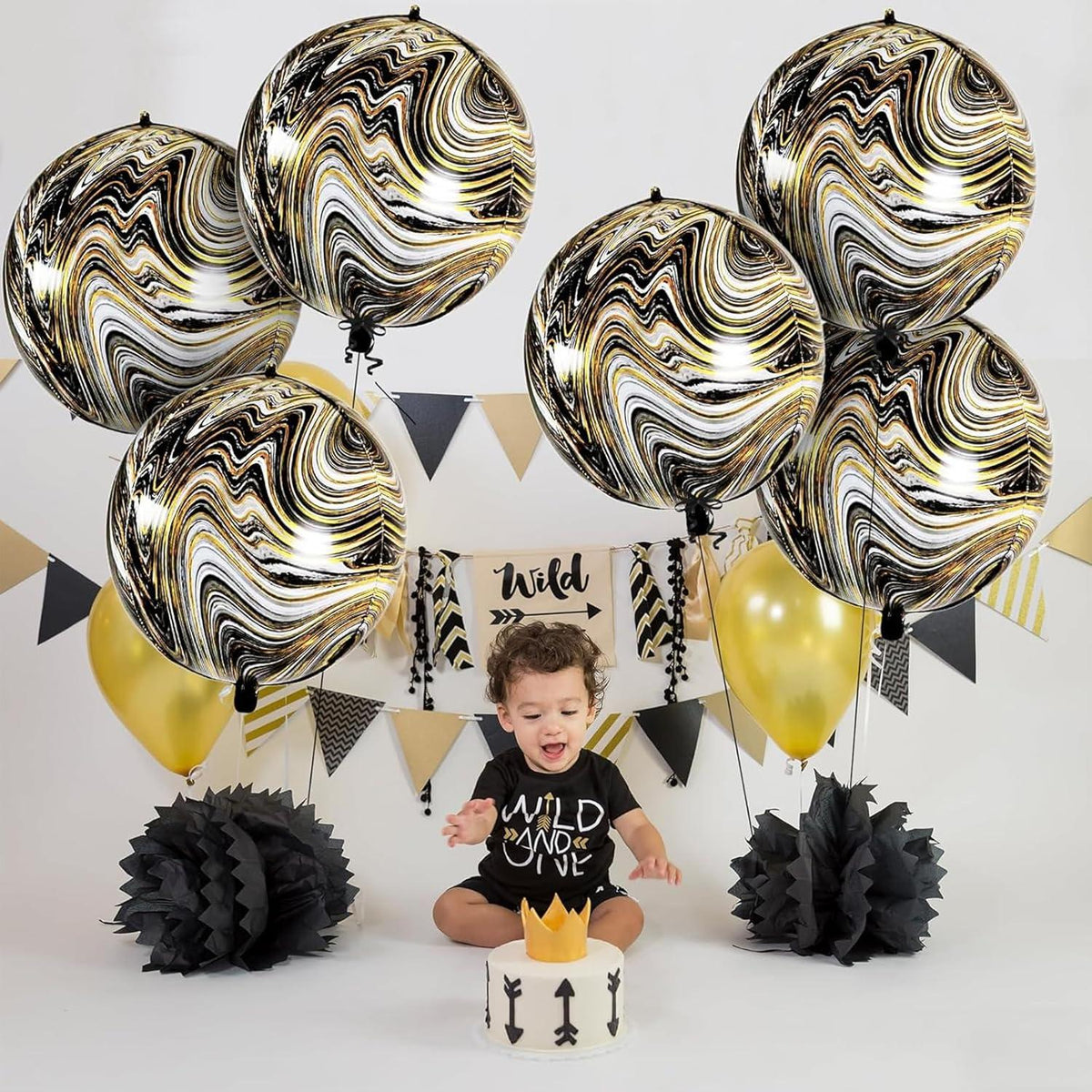 Luftballons Schwarz Gold Geburtstag Deko 22 Zoll 4D Marmor Ballons - 6 Stk