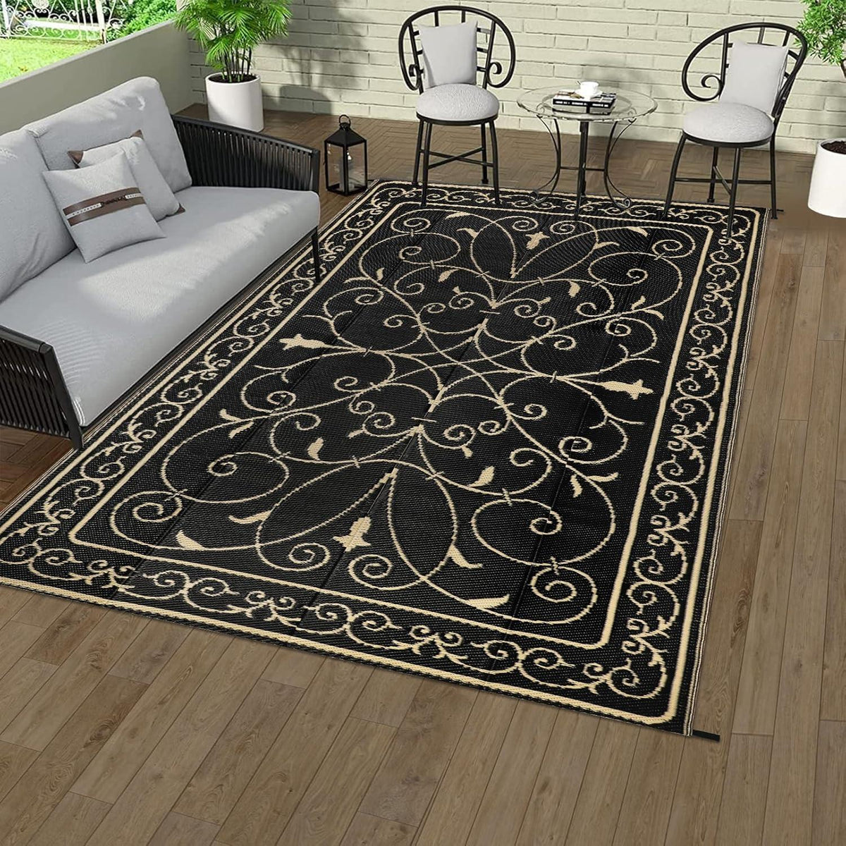 Famibay Outdoor Teppich 150x245 cm Schwarz Wetterfest Balkon Camping