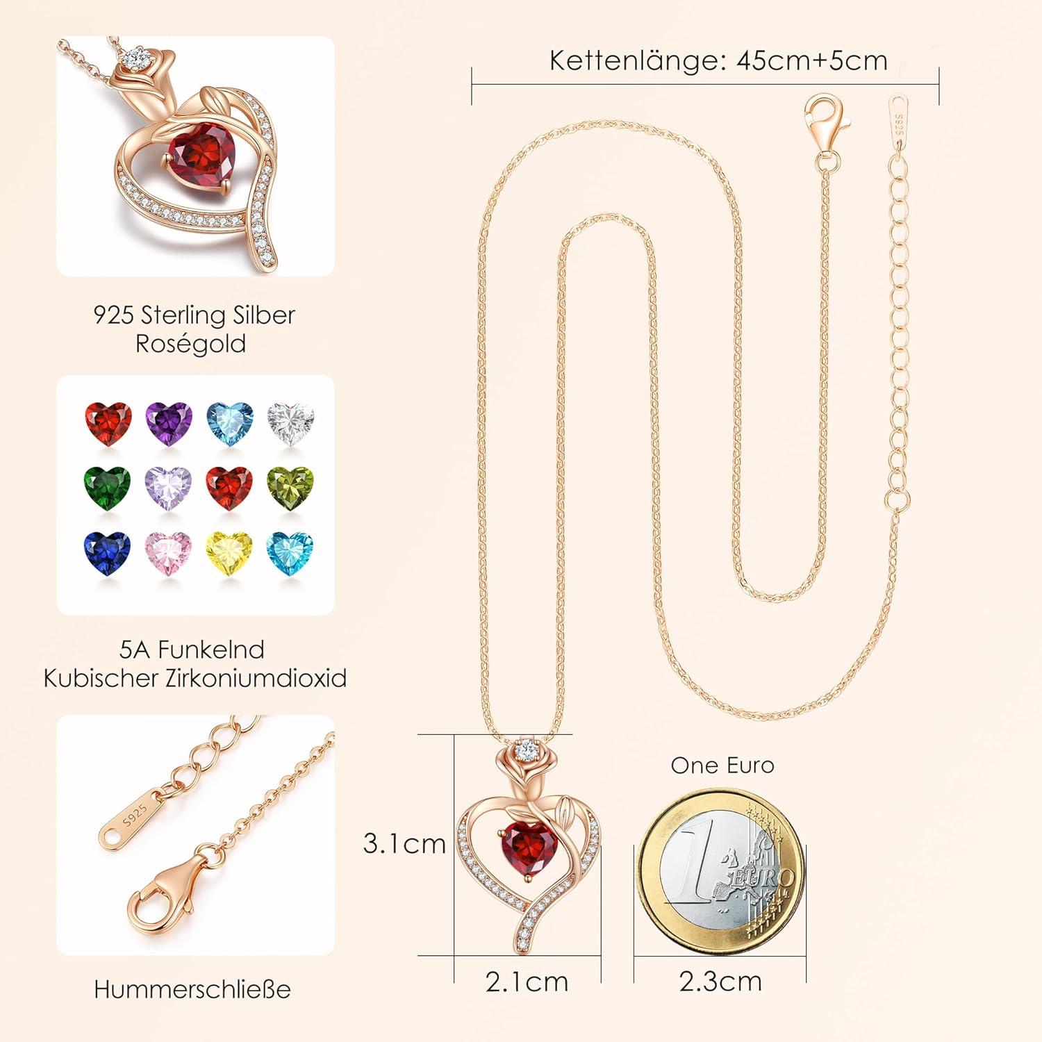 CDE Halskette Damen Rosegold Herz Kette Sterling Silber 925 Geburtsstein Geschenke