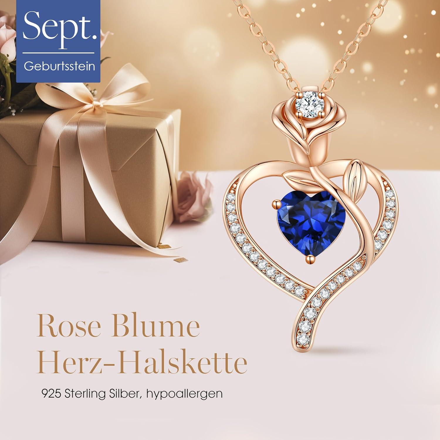 Rosenherz Halskette Geburtsstein Rosegold Sterling Silber 925