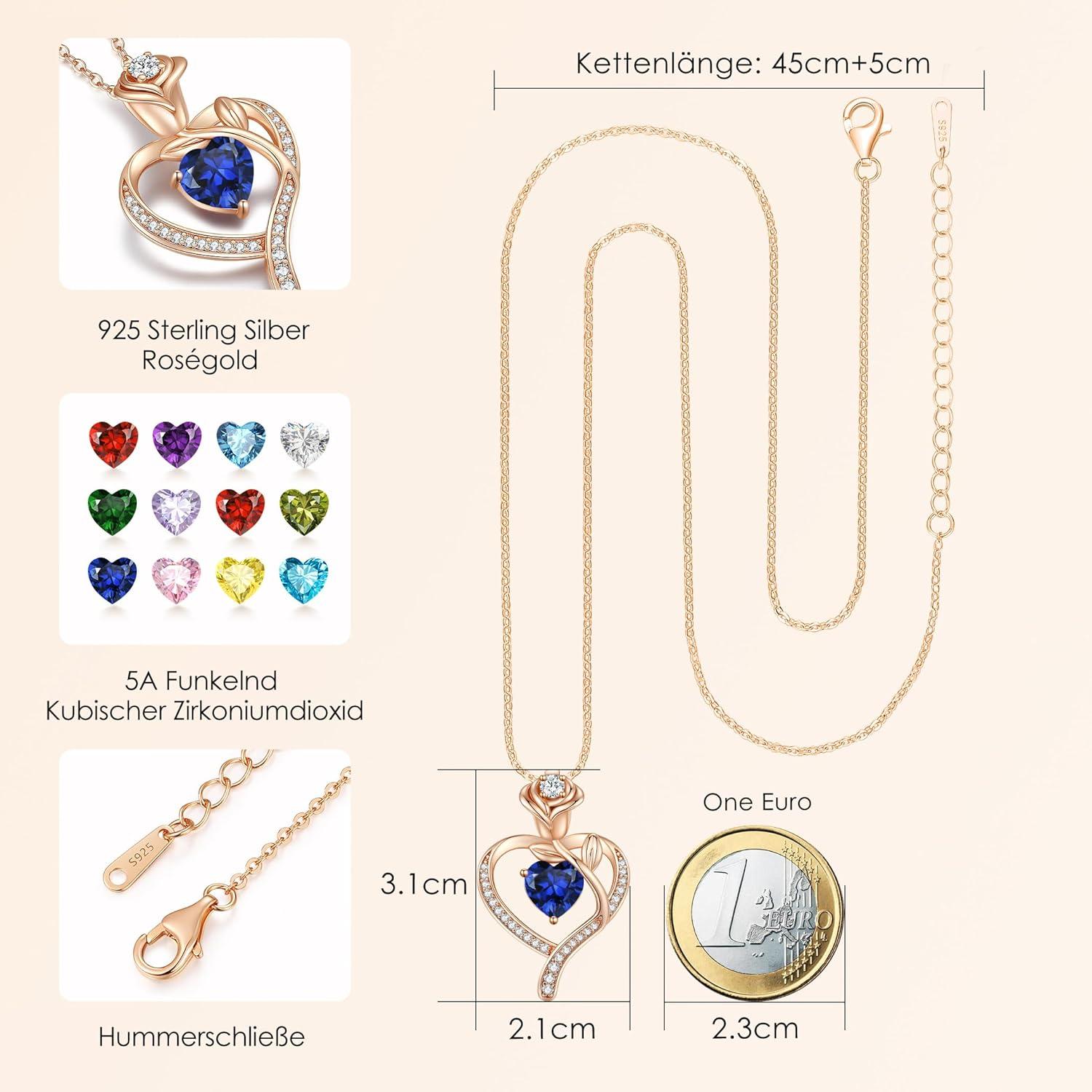 CDE Damen Halskette Rosegold Herz 925 Silber Geburtsstein Weihnachten Muttertag