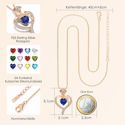 CDE Damen Halskette Rosegold Herz 925 Silber Geburtsstein Weihnachten Muttertag