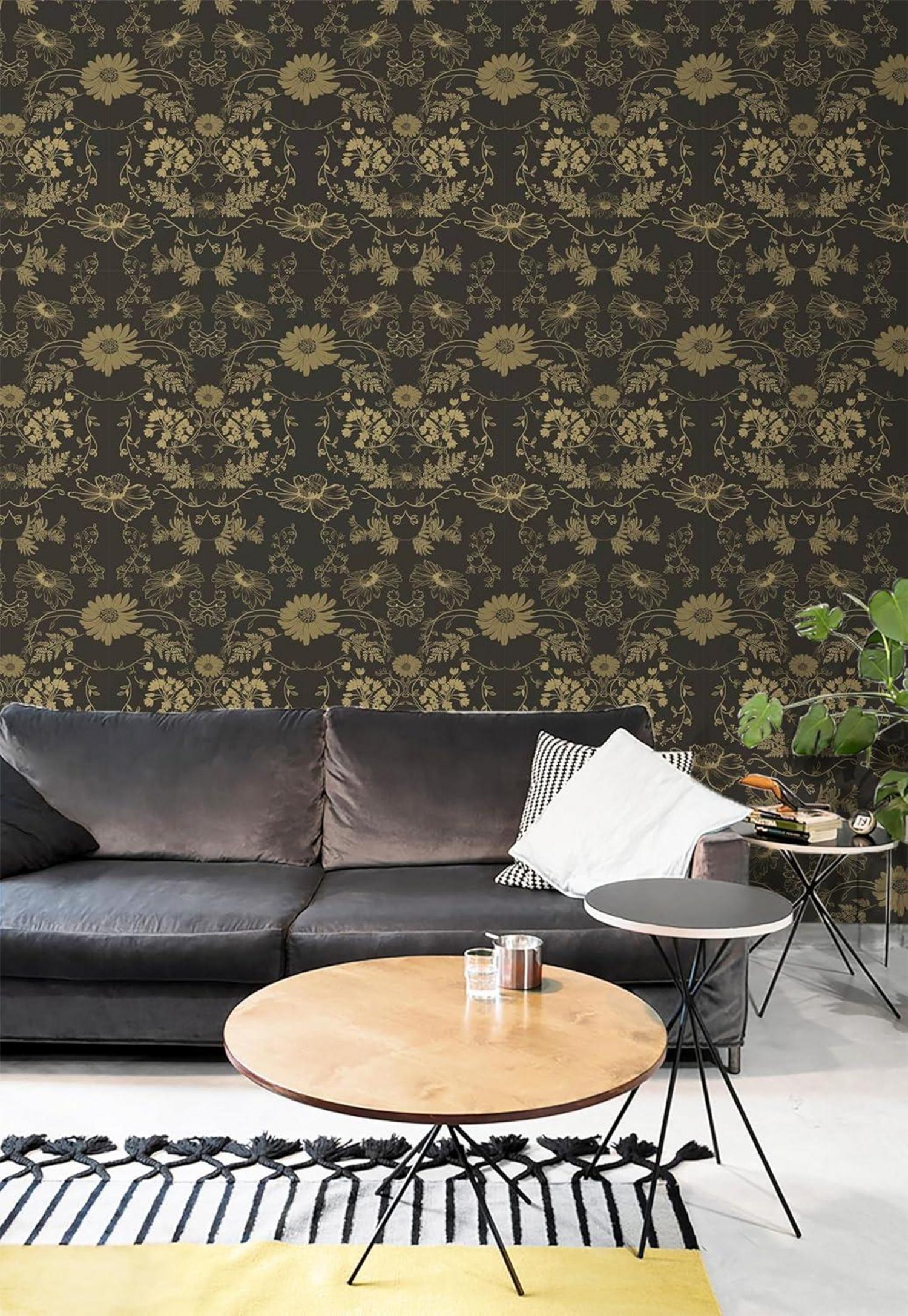 Selbstklebende Tapete Blume Schwarz Gold 0.4W x 10L m