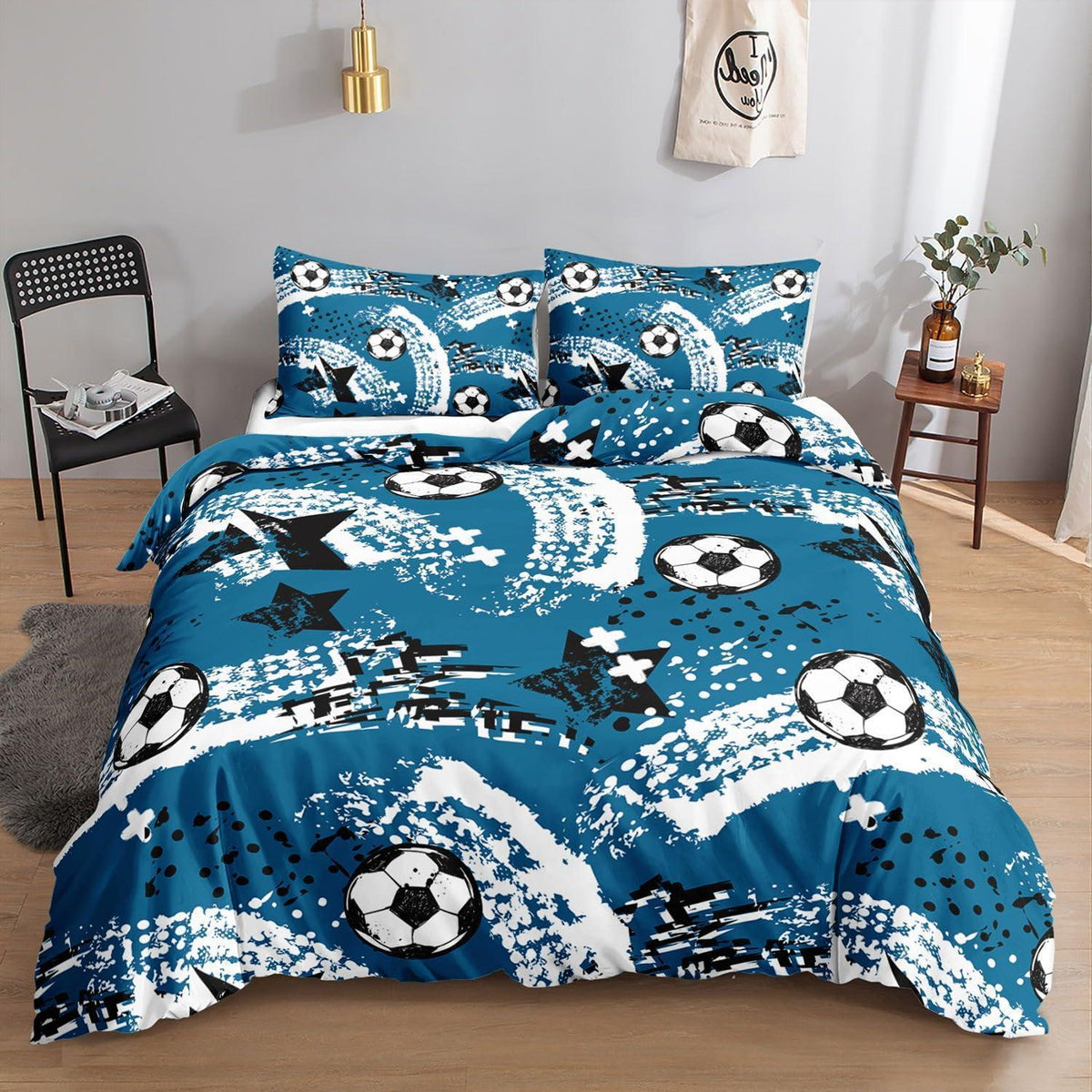 Fußball Bettwäsche Set für Kinder – Blauer Graffiti-Druck 200x200cm