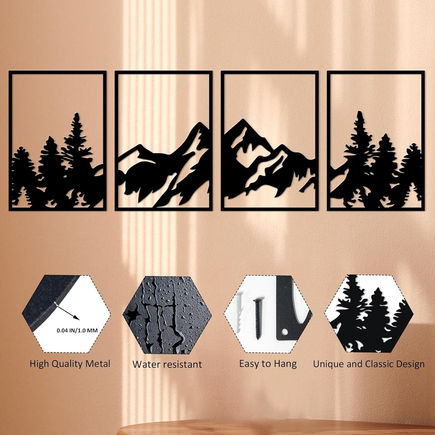 Metall-Berg-Wandkunst 4er Set, große Berge Wanddeko, Bergwald Gemälde - Wohnzimmer, Schlafzimmer, Büro, drinnen, draußen