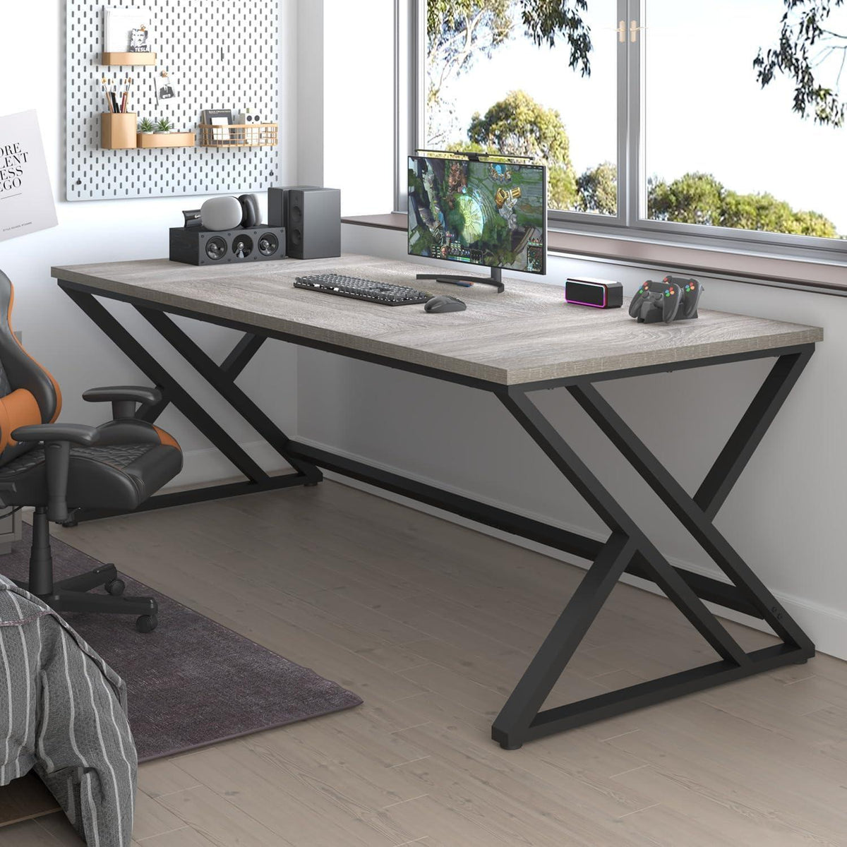 Großer Schreibtisch 180x80cm Grau Eiche mit Metallgestell