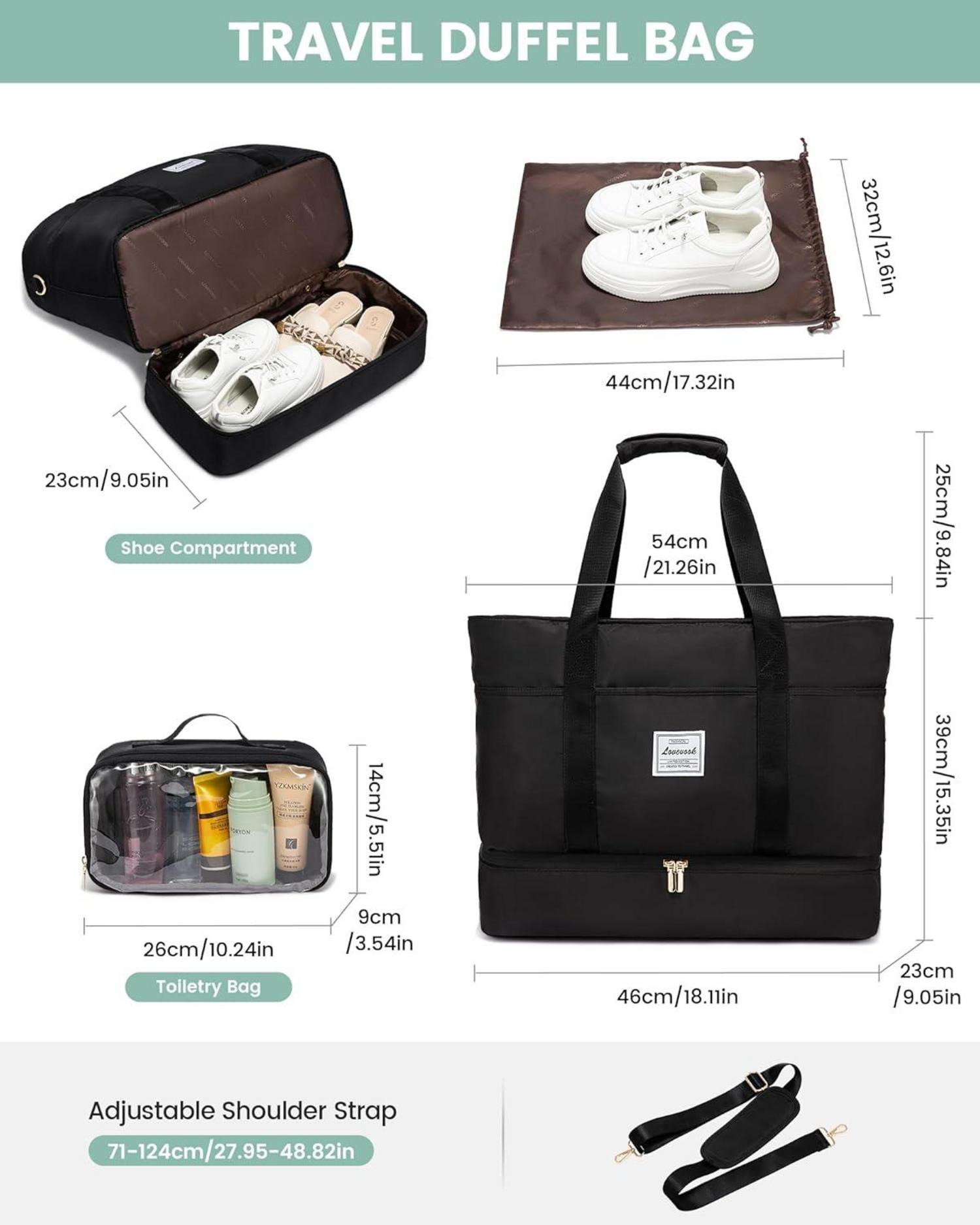 Travel Duffel Bag mit Schuhfach, Kliniktasche für Reise Schwarz