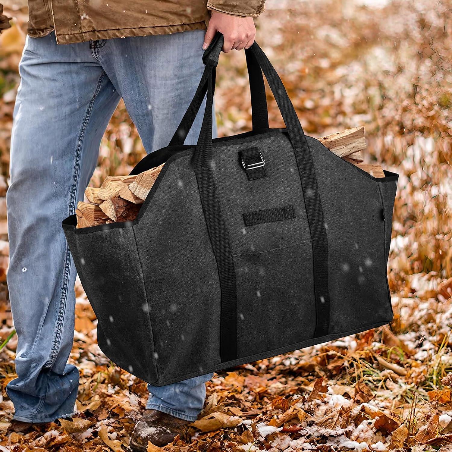 Kaminholztasche Holzkorb Tragetasche Brennholz Segeltuch wasserdicht - Schwarz
