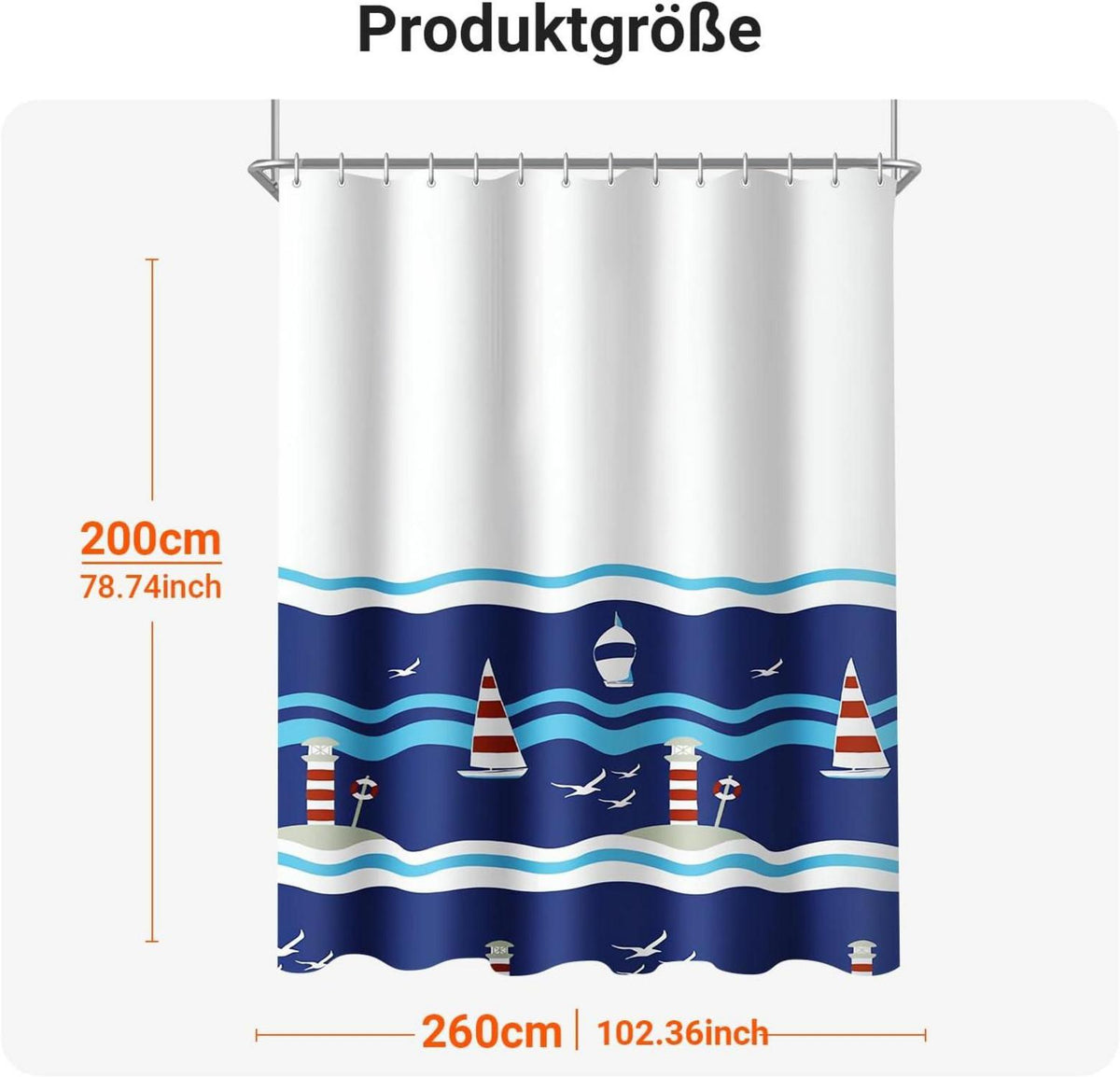 Duschvorhang 260x200cm Blaues Segel Polyester Textil Wasserabweisend