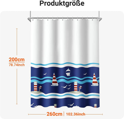 Duschvorhang 260x200cm Blaues Segel Polyester Textil Wasserabweisend