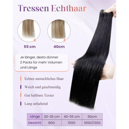 Echthaar Tressen Schwarz zum Einnähen - 40cm, 100g
