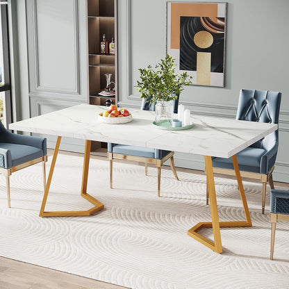Moderner Esszimmertisch Weiß & Gold, 140cm, Künstlicher Marmor