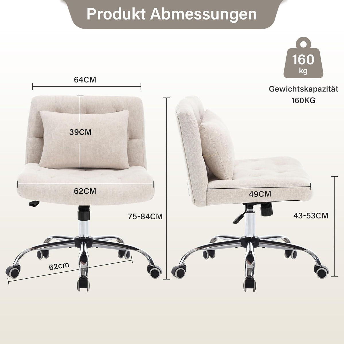 Ergonomischer Bürostuhl ohne Armlehnen mit Lendenkissen und