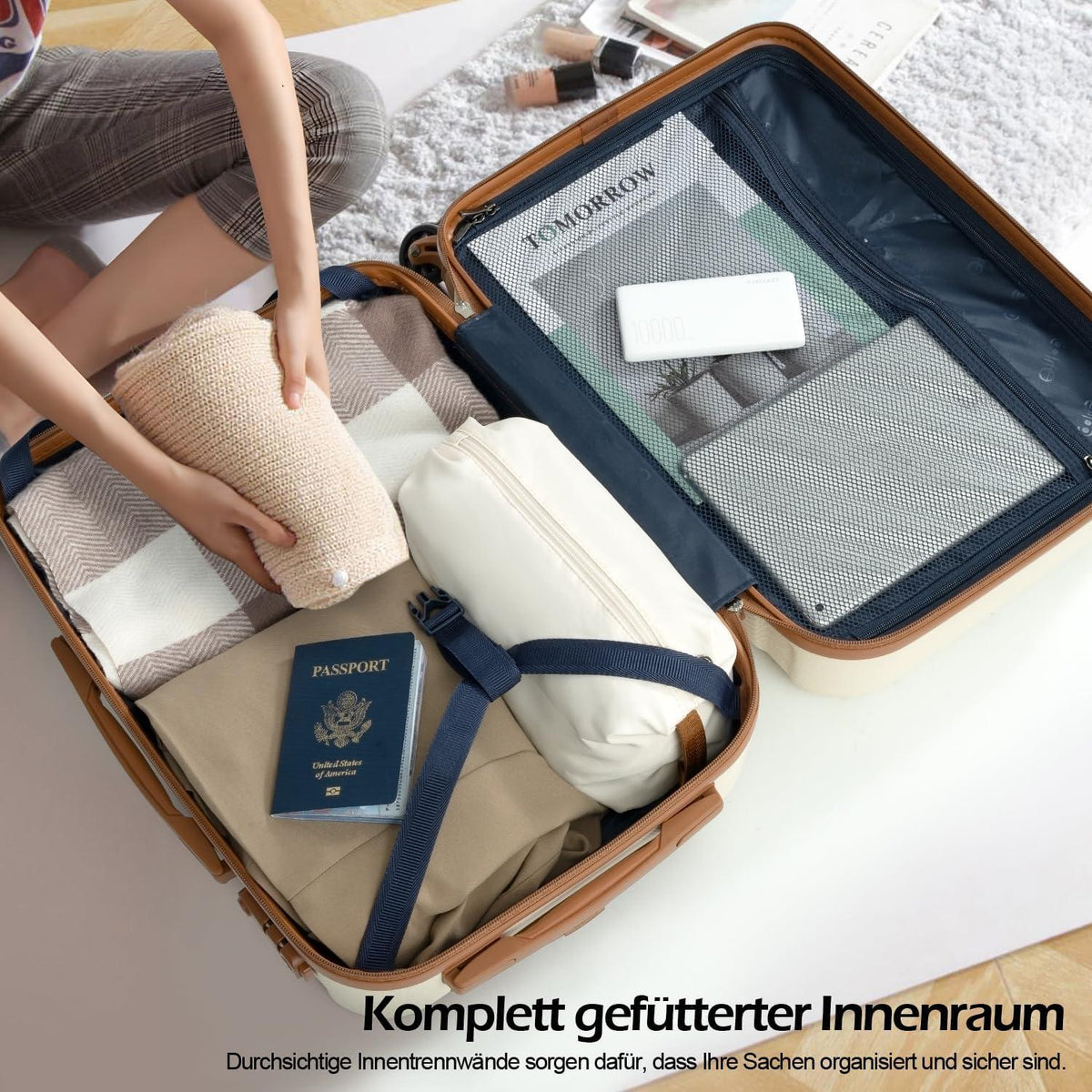 COOLIFE Koffer-Set ABS Hartschale Reisekoffer 4 Rollen TSA-Schloss Weiß/Braun 6tlg