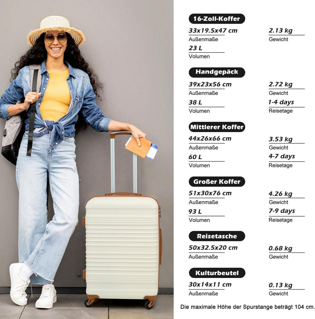 COOLIFE Koffer-Set ABS Hartschale 4 Rollen TSA-Schloss 6tlg Weiß/Braun