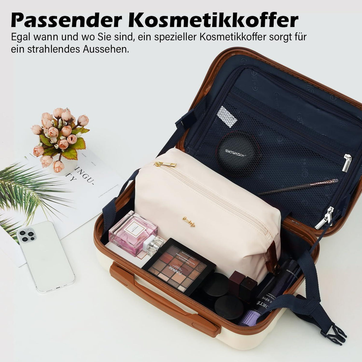 Hartschalen Koffer Set 6tlg Blau Braun TSA Rollen Reisetasche Kulturbeutel