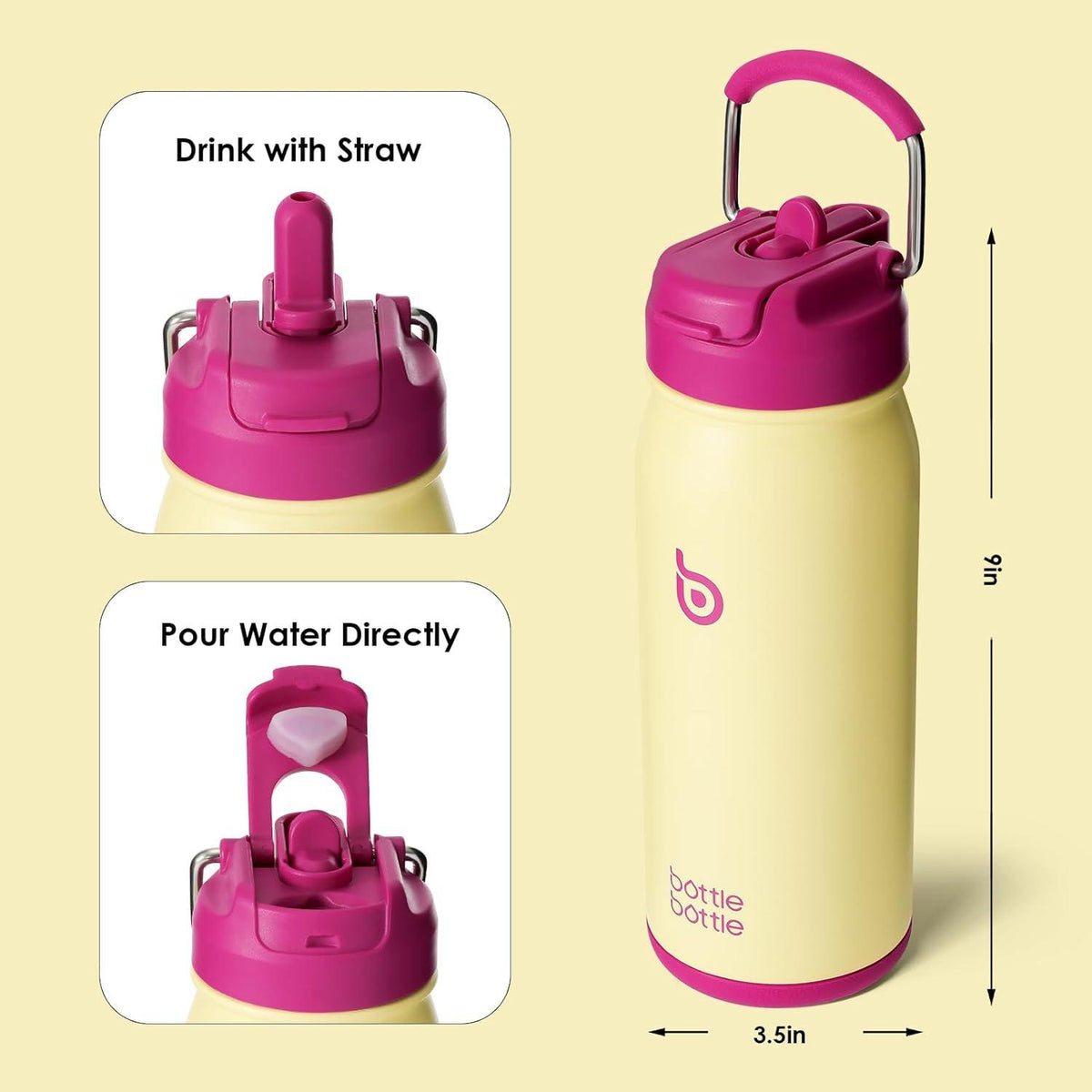 Edelstahl Trinkflasche 16oz mit Strohhalm für Kinder Gelb Doppelwandig