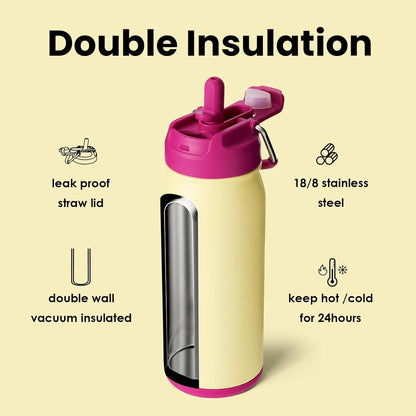 Trinkflasche Edelstahl 16oz mit Strohhalm für Kinder GelbDOUBLE WALL