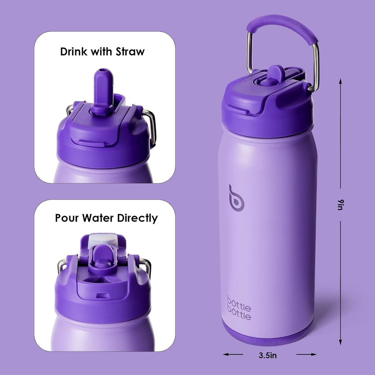 BOTTLE BOTTLE Trinkflasche Edelstahl 16oz mit Strohhalm für Kinder Dunkles Violett