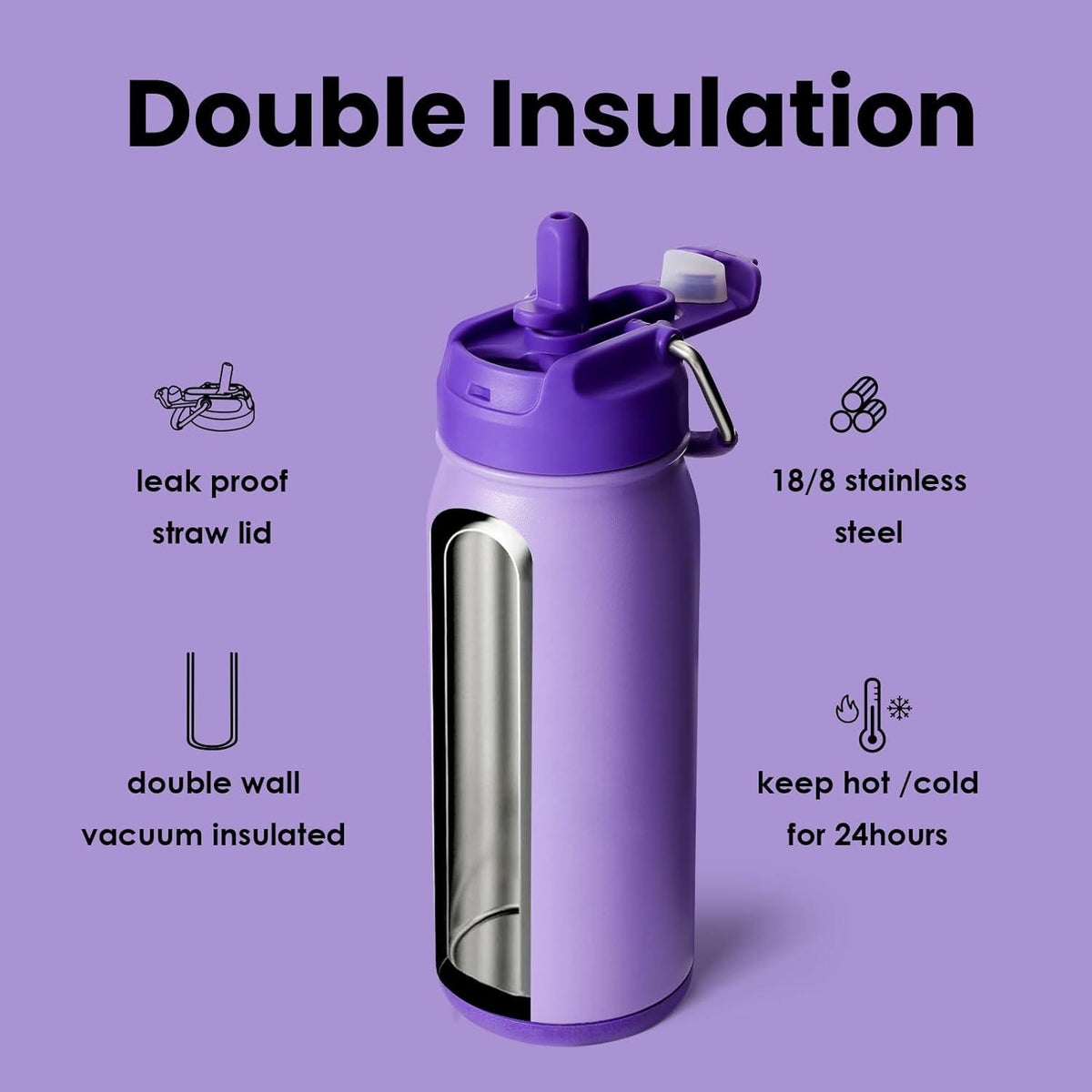 Trinkflasche Edelstahl 16oz mit Strohhalm für Kinder Violett