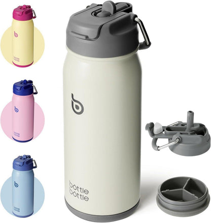 Isolierte Trinkflasche Edelstahl 16oz mit Strohhalm - BPA frei, Grau