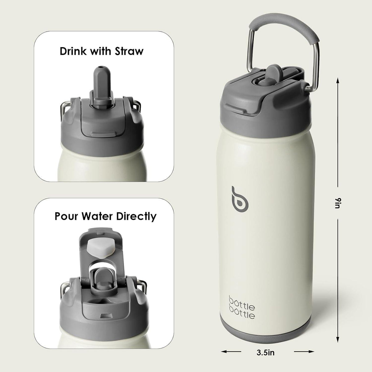 Edelstahl Trinkflasche mit Strohhalm für Kinder - BPA-frei - 16oz - Grau