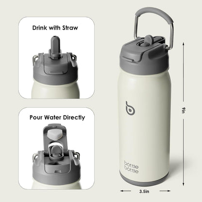 Edelstahl Trinkflasche mit Strohhalm für Kinder - BPA-frei - 16oz - Grau