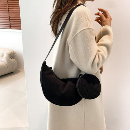 Kleine Cord Crossbody Bag Damen Halfmoon Umhängetasche Schwarz