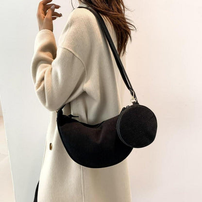 Kleine Cord Crossbody Bag Damen Halbmondtasche schwarz