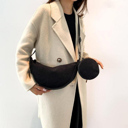 Kleine Cord Crossbody Bag Damen Halfmoon Umhängetasche Schwarz