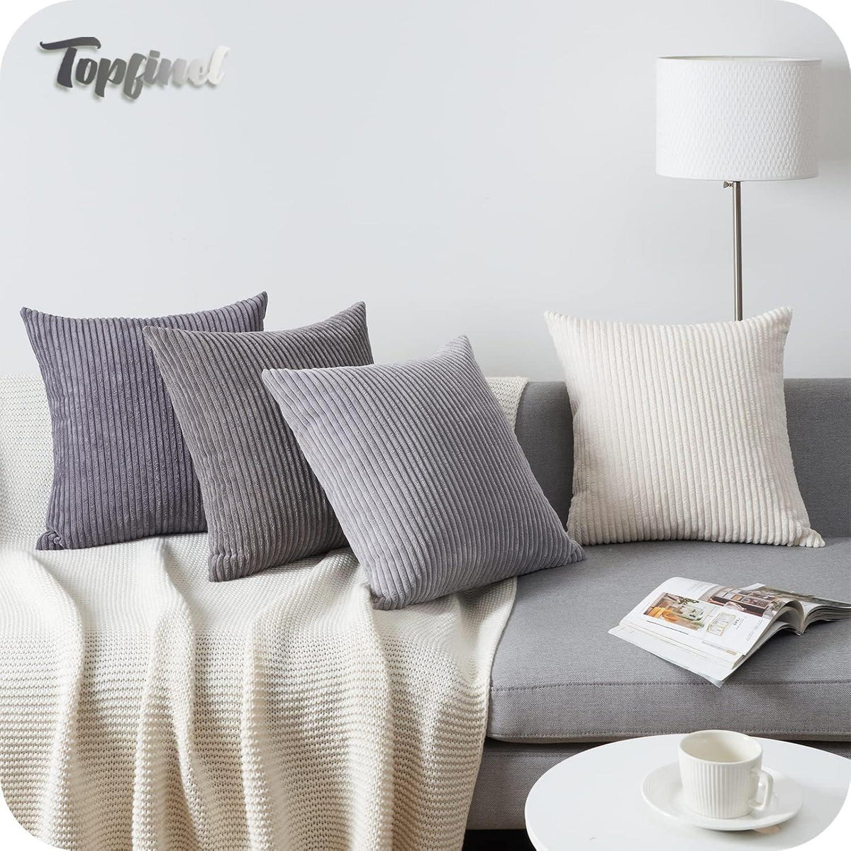 Topfinel Kissenbezug 60x60 cm 4er Set Kordsamt Grau - Dekorative Kissenhüllen Sofakissen Farbverlauf