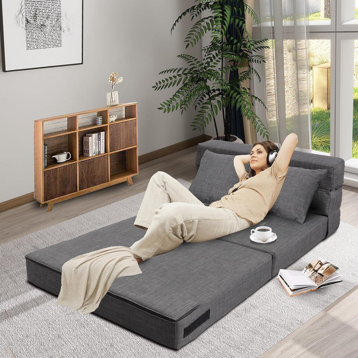 Doppel Schlafsofa mit Memory Schaum & Kissen – Dunkelgrau