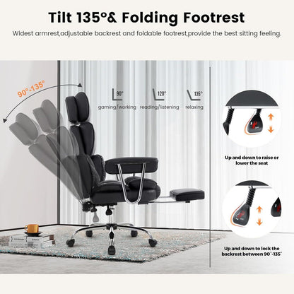 Ergonomischer Bürostuhl mit Fußstütze und Kopfstütze, PU