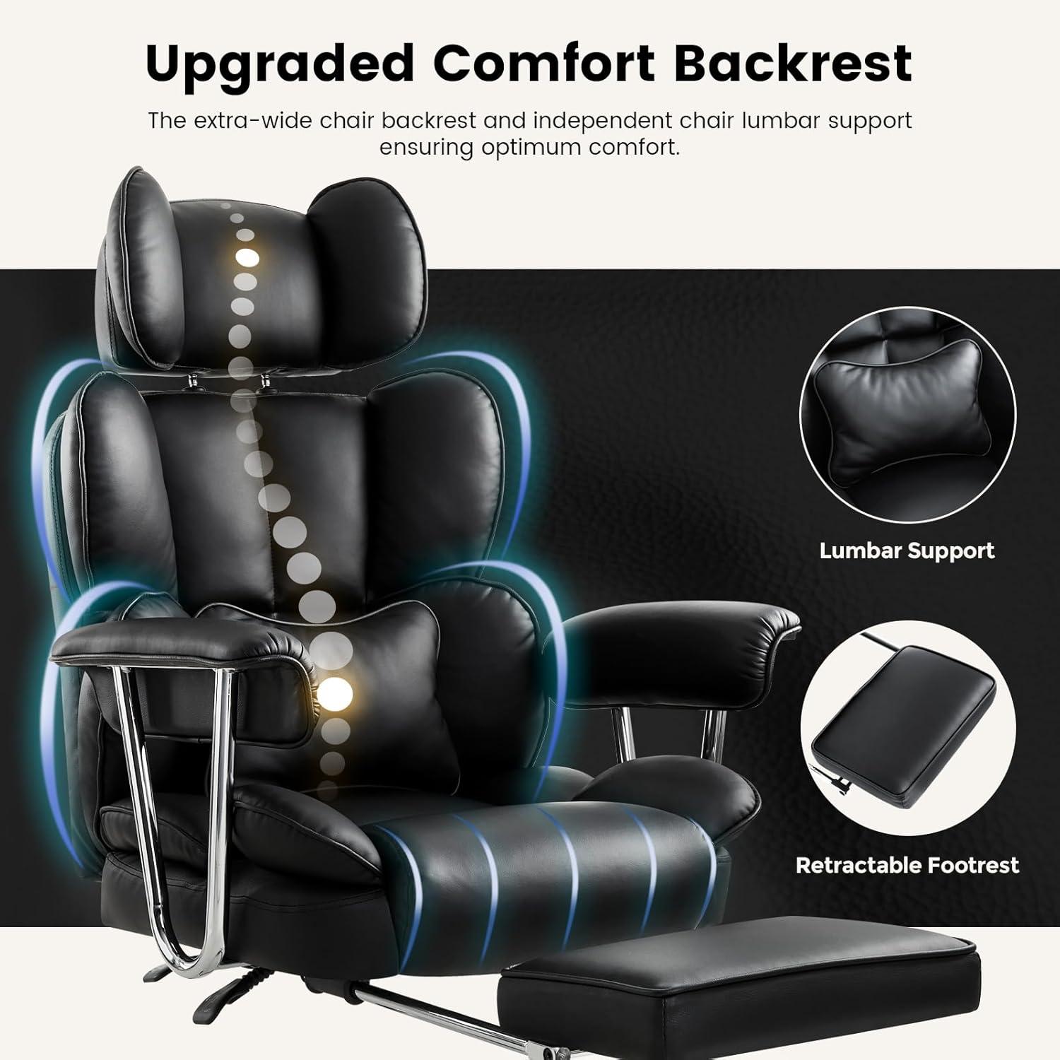 Ergonomischer Bürostuhl mit Fußstütze und Armlehnen, Schwarz, 180kg