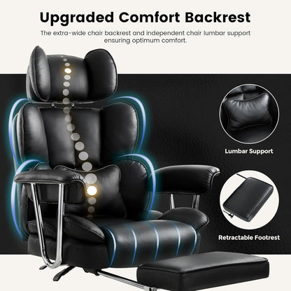 Ergonomischer Bürostuhl mit Fußstütze und Armlehnen, Schwarz, 180kg