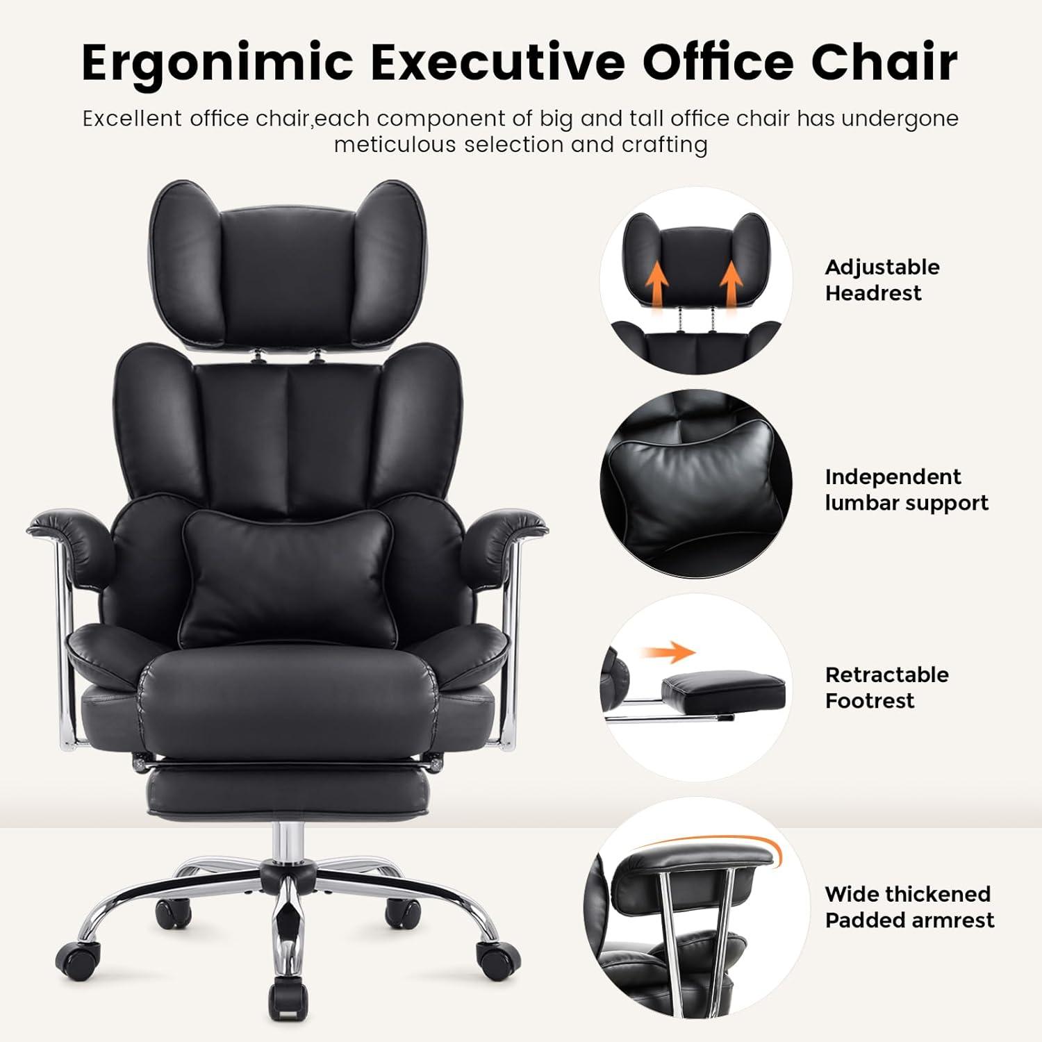 Ergonomischer Bürostuhl mit Fußstütze und Armlehnen, PU Leder, 180kg