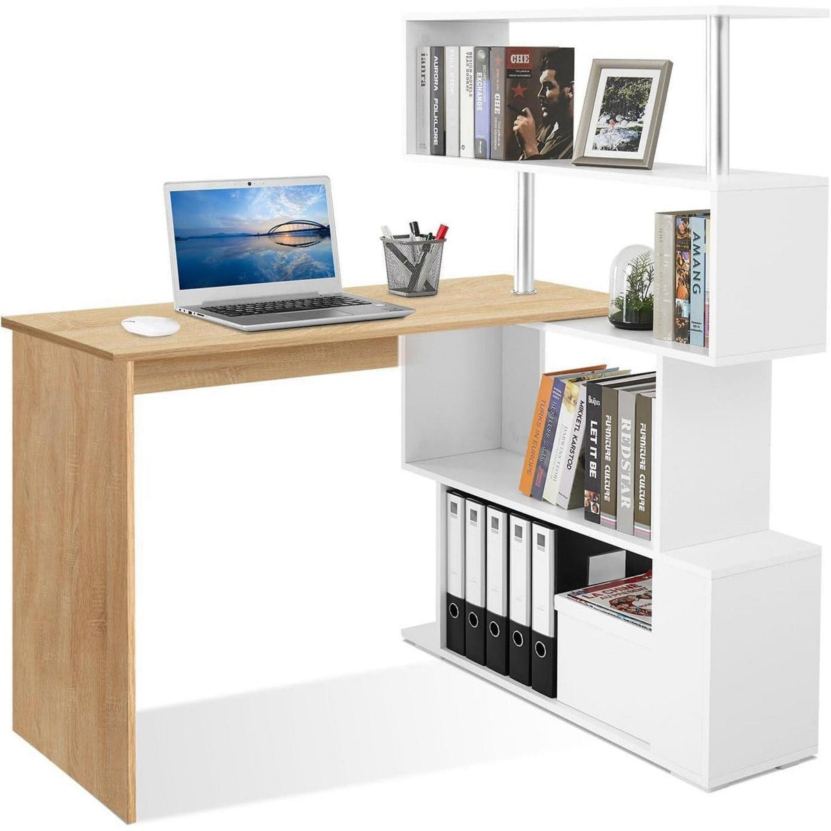 L-Schreibtisch mit drehbarem Bücherregal, Eiche & Weiß