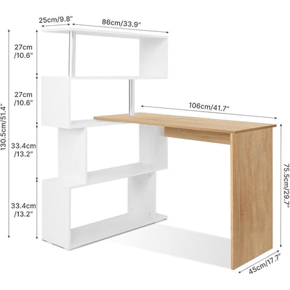 L-Schreibtisch mit drehbarem Bücherregal, Eiche & Weiß
